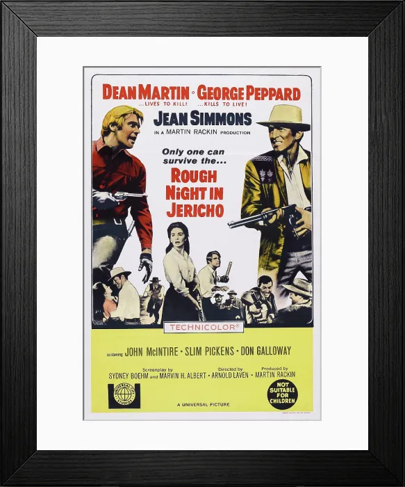 Framed Print : ROUGH NIGHT IN JERICHO, US poster, from left: George Peppard, Jean Simmons (bottom), Dean Martin, 1967 Framed Print : ROUGH NIGHT IN JERICHO, US poster, from left: George Peppard, Jean Simmons (bottom), Dean Martin, 1967
