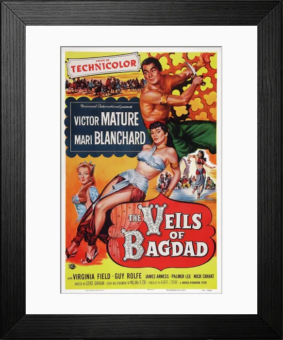 Framed Print : THE VEILS OF BAGDAD, US poster art, from left: Virginia Field, Mari Blanchard, Victor Mature, 1953