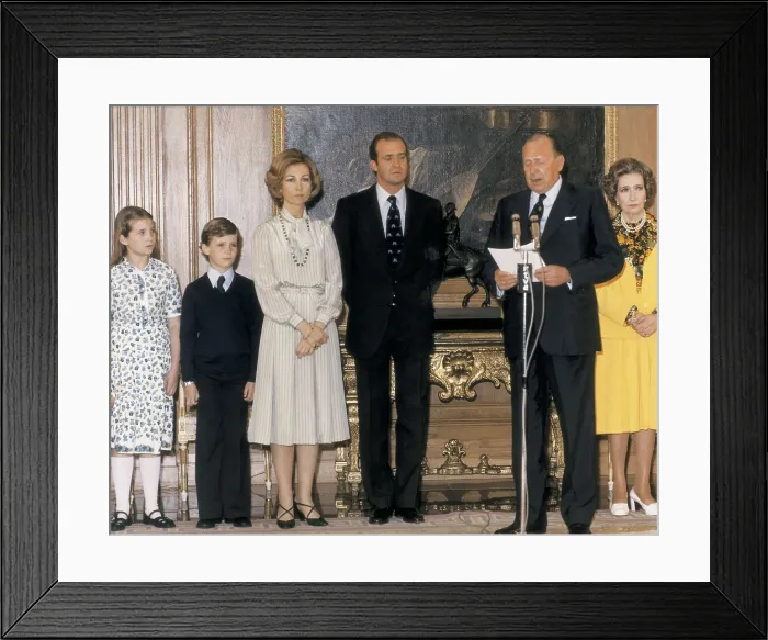Framed Print : Spain (1977). Don Juan de Borbn cedes his dynastic rights to his son Juan Carlos I Framed Print : Spain (1977). Don Juan de Borbn cedes his dynastic rights to his son Juan Carlos I