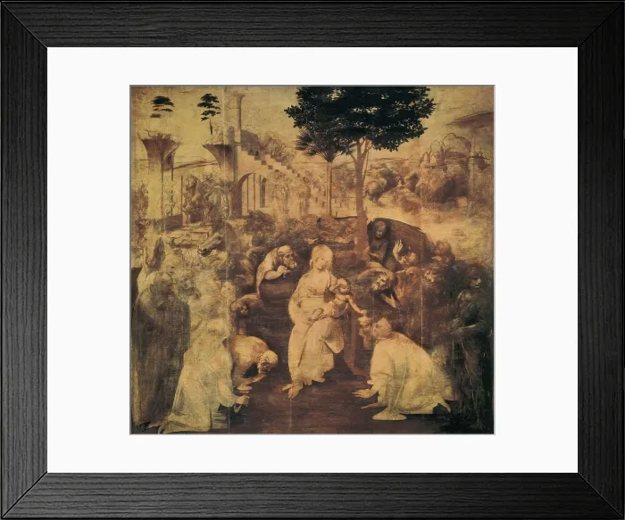 Framed Print : LEONARDO DA VINCI (1452-1519). Adoration of the Magi. 1481 - 1482. Preparation of Cologne earth and bistre on panel. Flemish art. Oil on wood. ITALY. Florence