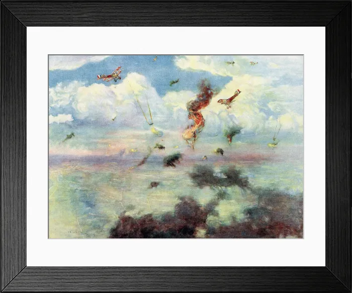 Framed Print : World War 1: Battle of Verdun. A German observation balloon falling in flames over the Verdun battlefield after an attack by French airplanes. May 1916