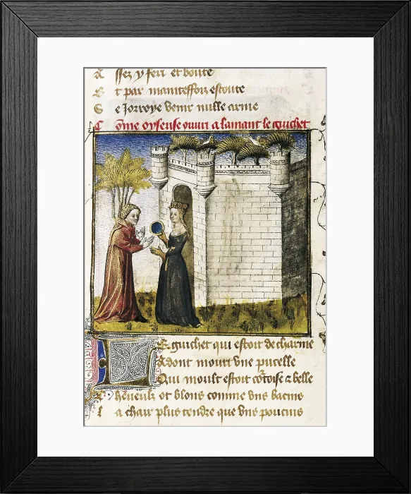 Framed Print : The Romance of the Rose. s.XIV. Gallant scene between lovers. The maid offers to open the door to her lover. Gothic art. Miniature Painting. SPAIN. Valencia Framed Print : The Romance of the Rose. s.XIV. Gallant scene between lovers. The maid offers to open the door to her lover. Gothic art. Miniature Painting. SPAIN. Valencia