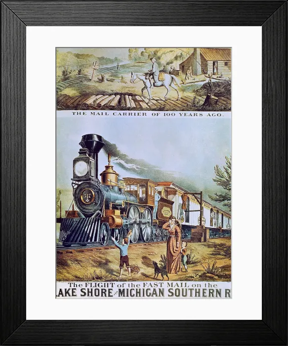 Framed Print : United States (1870) Post train from New York to Chicago (24 horas). In the upper section, the same route 100 years ago. AISA / Everett Collection**US SALES ONLY** Framed Print : United States (1870) Post train from New York to Chicago (24 horas). In the upper section, the same route 100 years ago. AISA / Everett Collection**US SALES ONLY**