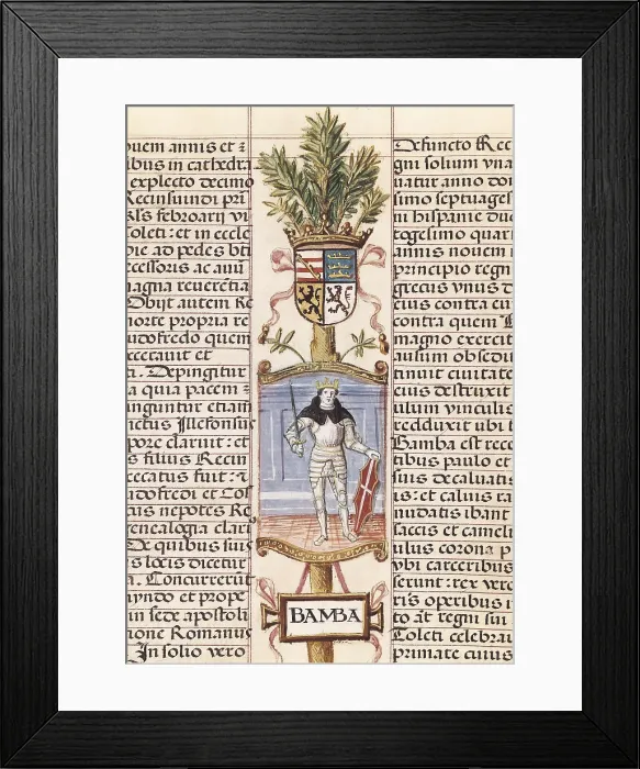 Framed Print : Portrait of the Visigothic king Wamba. Picture of the work 'Genealoga de los Reyes de Espaa' by Alonso de Cartagena. Miniature Painting. SPAIN. Madrid. National Library