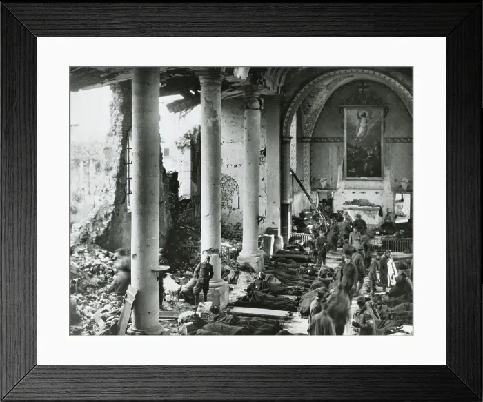 Framed Print : World War 1: Battle of Argonne Forest. A shattered church in the ruins of Neuvilly, close to the Forest of Argonne, furnished temporary shelter for American wounded Framed Print : World War 1: Battle of Argonne Forest. A shattered church in the ruins of Neuvilly, close to the Forest of Argonne, furnished temporary shelter for American wounded