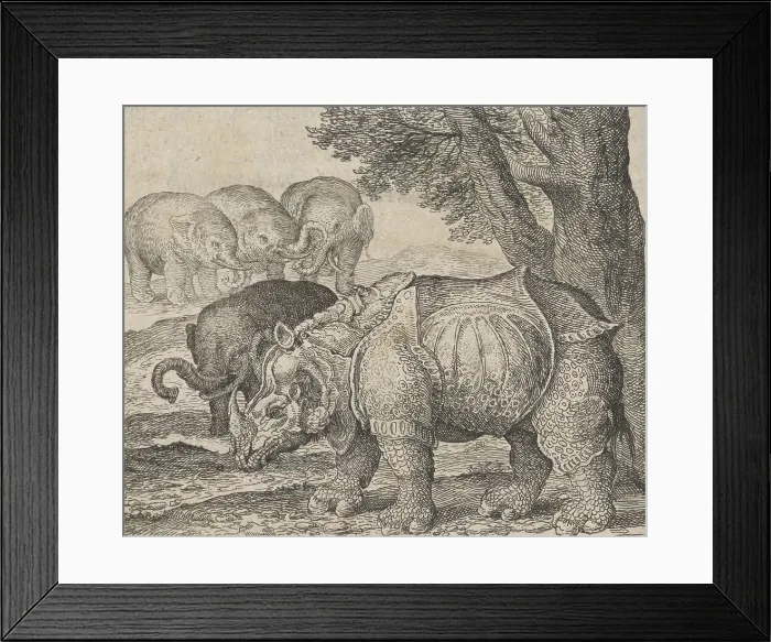 Framed Print : Fable of the Rhinoceros and Elephants, by Aegidius Sadeler, 1608, Dutch print, etching. The etching draws on Albrecht Durer's classic 16th century depiction of a rhino Framed Print : Fable of the Rhinoceros and Elephants, by Aegidius Sadeler, 1608, Dutch print, etching. The etching draws on Albrecht Durer's classic 16th century depiction of a rhino