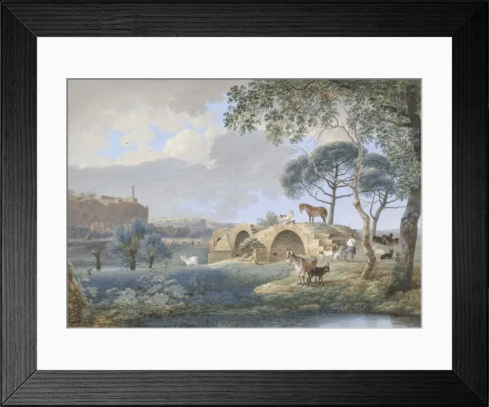 Framed Print : Scene in Tours, by Josephus Augustus Knip, 1808, French watercolor painting. Ancient Roman bridge at St. Avertin near Tours with a herder and animals. (BSLOC_2016_1_251)