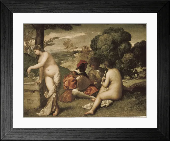 Framed Print : TTITIA, Tiziano Vecello, also called (1490-1576). Le Concert Champetre (Open-Air Concert). 1513 - 1511. Work formerly attributed to Giorgione. Renaissance art. Cinquecento Framed Print : TTITIA, Tiziano Vecello, also called (1490-1576). Le Concert Champetre (Open-Air Concert). 1513 - 1511. Work formerly attributed to Giorgione. Renaissance art. Cinquecento