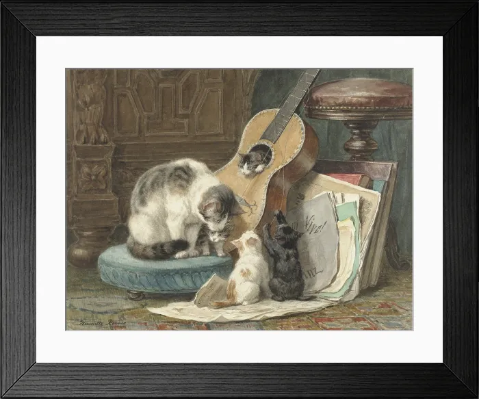 Framed Print : The Harmonists, by Henriette Ronner, 1876-77, Dutch watercolor painting, on paper. A mother cat sits on a footstool near her four kittens who with its broken strings Framed Print : The Harmonists, by Henriette Ronner, 1876-77, Dutch watercolor painting, on paper. A mother cat sits on a footstool near her four kittens who with its broken strings
