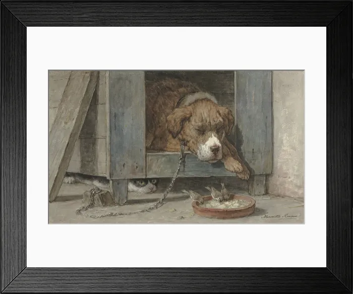 Framed Print : Cat Spies Birds While a Dog Sleeps, by Henriette Ronner, c. 1850-90, Belgian-Dutch watercolor painting, on paper