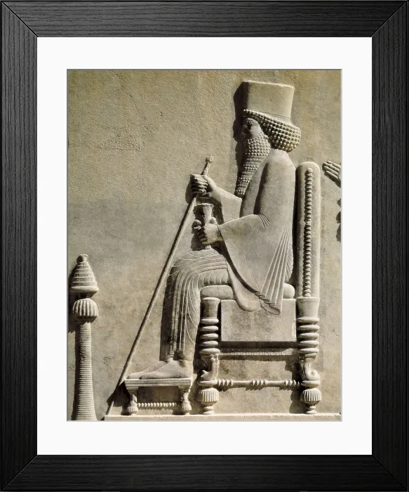 Framed Print : DARIUS I 'the Great' (550 BC-486BC). Darius the Great sitting on his throne. Persian art. Achaemenid period. Relief on rock. IRAN. Tehran. Archaeological Museum Framed Print : DARIUS I 'the Great' (550 BC-486BC). Darius the Great sitting on his throne. Persian art. Achaemenid period. Relief on rock. IRAN. Tehran. Archaeological Museum