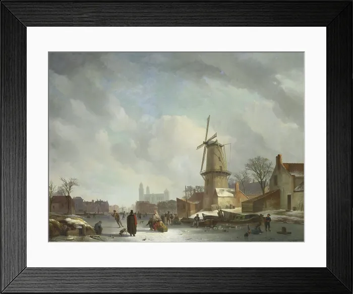 Framed Print : Frolicking on a Frozen Canal in a Town, Abraham Couwenberg, 1830-37, Dutch oil painting on canvas. Men, women, and children walk, push sleds, and skate on ice in winter Framed Print : Frolicking on a Frozen Canal in a Town, Abraham Couwenberg, 1830-37, Dutch oil painting on canvas. Men, women, and children walk, push sleds, and skate on ice in winter