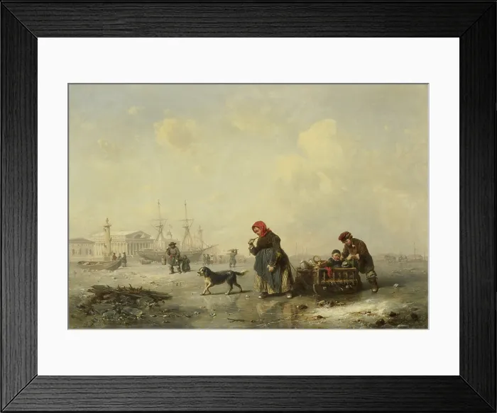 Framed Print : The Neva in St. Petersburg, by Theodor Hildebrandt, 1844, Dutch painting, oil on canvas. Russians transporting goods on the frozen Neva River