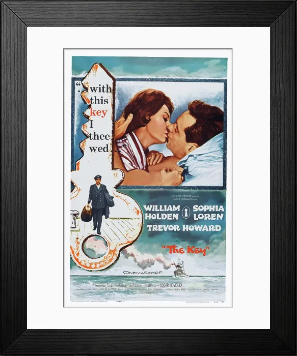 Framed Print : THE KEY, top l-r: Sophia Loren, William Holden, bottom: William Holden on poster art, 1958