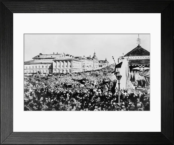Framed Print : Moscow crowd celebrating Czar Nicholas II's October Manifesto, 1905. It announced Liberal reforms including freedom of conscience, speech, and assemblage Framed Print : Moscow crowd celebrating Czar Nicholas II's October Manifesto, 1905. It announced Liberal reforms including freedom of conscience, speech, and assemblage