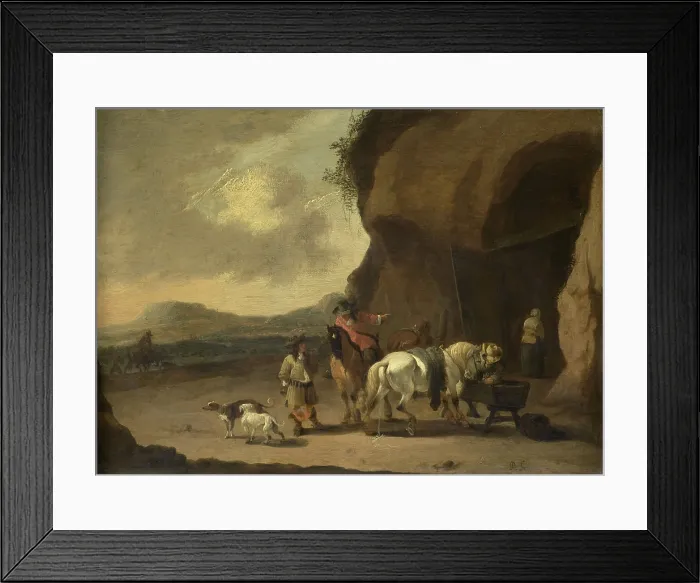Framed Print : The Way Station, by Pieter Bout, c. 1670 - 1719, Dutch painting, oil on panel. At a stopover, travelers and horses pause to rest in a cave Framed Print : The Way Station, by Pieter Bout, c. 1670 - 1719, Dutch painting, oil on panel. At a stopover, travelers and horses pause to rest in a cave