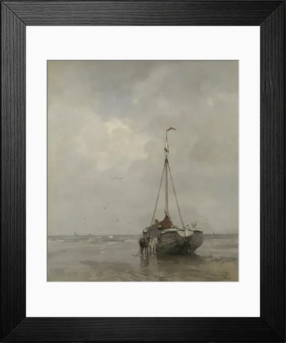 Framed Print : Bluff-bowed Fishing Boat on the Beach at Scheveningen, by Jacob Maris, c. 1885, Dutch oil painting. The broad bows was more suited to carrying than sailing