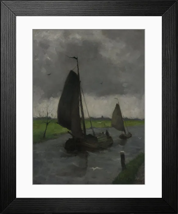 Framed Print : Waterway with Sail Barges, by Eduard Karsen, c. 1885-1912, Dutch painting, oil on canvas. Boat sailing inland in a canal, with sea gulls flying nearby (BSLOC_2016_2_43)