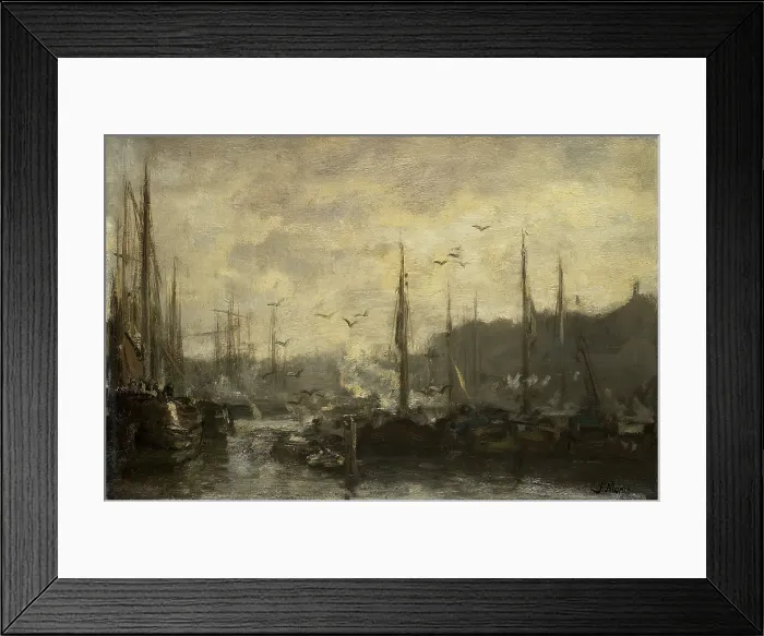 Framed Print : Harbor View, by Jacob Maris, c. 1887, Dutch painting, oil on canvas. Gulls fly over the masts of moored boats (BSLOC_2016_2_44)