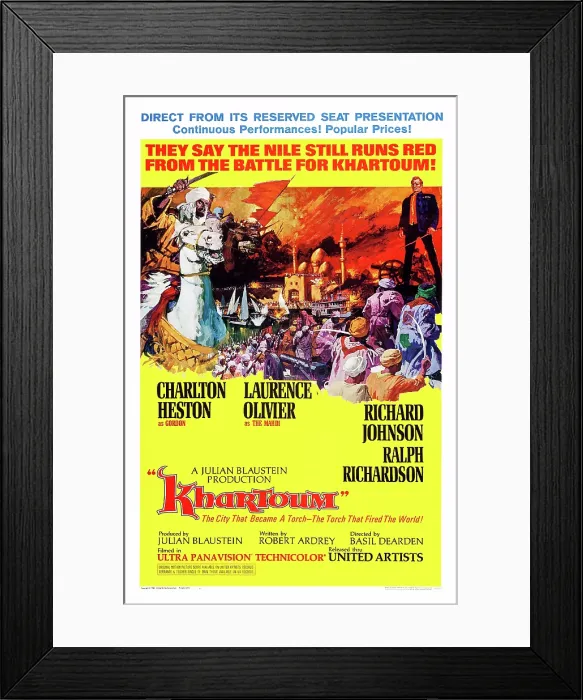 Framed Print : KHARTOUM, US poster, Laurence Olivier (horseback left), Charlton Heston (standing right), 1966