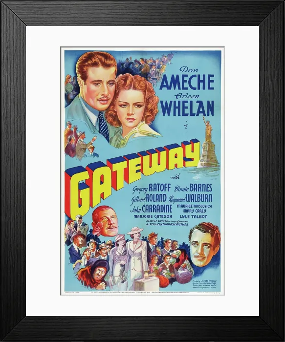 Framed Print : GATEWAY, top from left: Don Ameche, Arleen Whelan, bottom left: Gregory Ratoff, far right: Gilbert Roland on poster art, 1938, TM and Copyright 20th Century Fox Film Corp