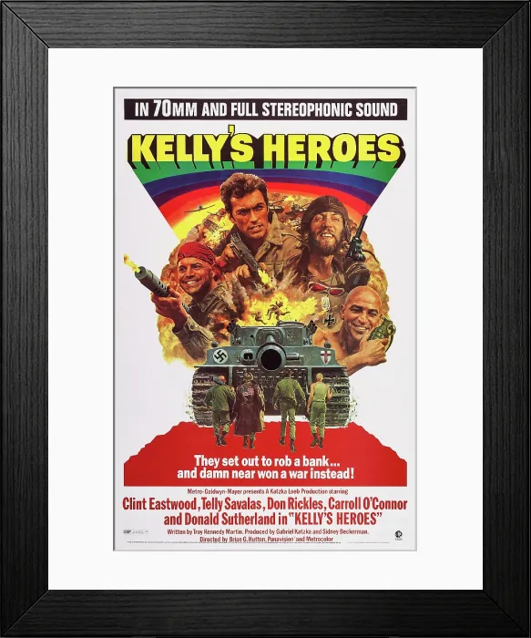 Framed Print : KELLY'S HEROES, from bottom left: Don Rickles, Clint Eastwood, Donald Sutherland, Telly Savalas on poster art, 1970