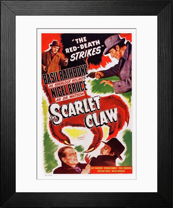 Framed Print : THE SCARLET CLAW, US re-release poster art, top from left: Nigel Bruce, Basil Rathbone; bottom from left: Gerald Hamer, Basil Rathbone, 1944 Framed Print : THE SCARLET CLAW, US re-release poster art, top from left: Nigel Bruce, Basil Rathbone; bottom from left: Gerald Hamer, Basil Rathbone, 1944