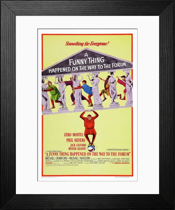 Framed Print : A FUNNY THING HAPPENED ON THE WAY TO THE FORUM, Zero Mostel (bottom), Phil Silvers, Jack Gilford, Buster Keaton (top right), 1966