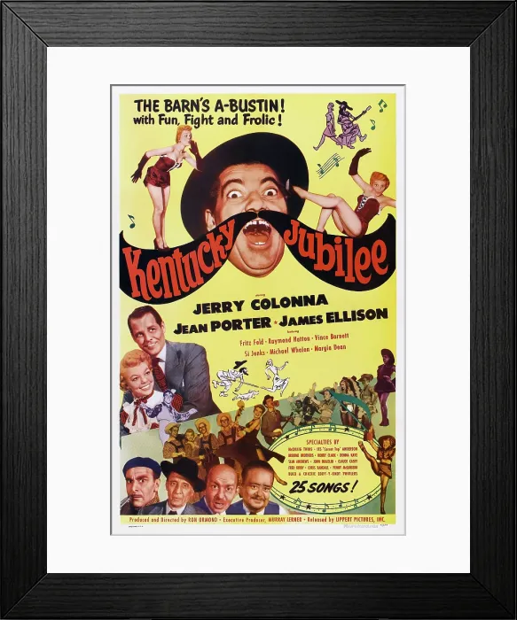 Framed Print : KENTUCKY JUBILEE, poster art, top: Jerry Colonna, middle l-r: Jean Porter, James Ellison, bottom l-r: Fritz Feld, Raymond Hatton, Vince Barnett, 1951 Framed Print : KENTUCKY JUBILEE, poster art, top: Jerry Colonna, middle l-r: Jean Porter, James Ellison, bottom l-r: Fritz Feld, Raymond Hatton, Vince Barnett, 1951