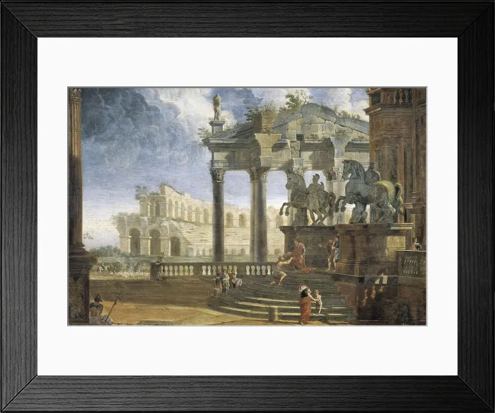 Framed Print : Rome: Entrance into the Campidoglio Palace with the Statues of the Dioskouroi. 18th c. Italian anonymous of the Pannini's school. Oil on canvas. ITALY. Turin