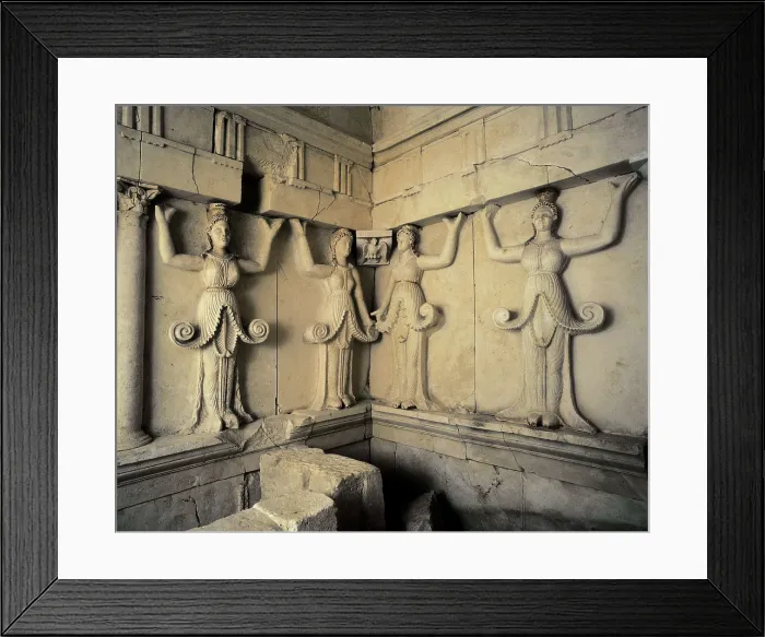 Framed Print : BULGARIA. Sveshtari. Thracian Tomb of Sveshtari (3rd c. BC). Main burial chamber with the sarcophagus of Prince Hemus and his wife. Thracian art Framed Print : BULGARIA. Sveshtari. Thracian Tomb of Sveshtari (3rd c. BC). Main burial chamber with the sarcophagus of Prince Hemus and his wife. Thracian art