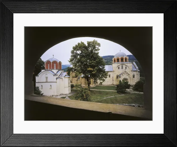 Framed Print : Church of the Mother of God. 1183-1191. SERBIA. Studenica. Monastery of Studenica. Monastic enclosure and Church of the Mother of God (1183-1191). Byzantine art