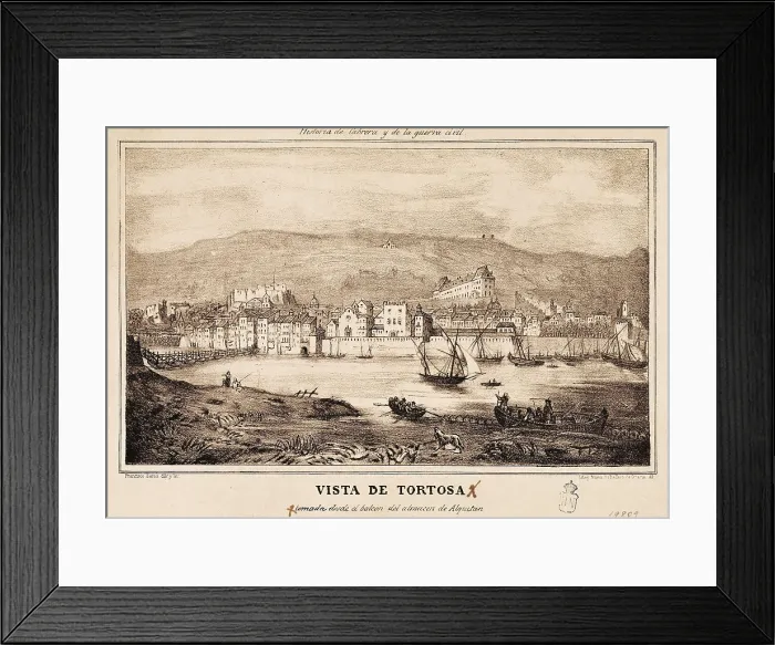 Framed Print : Spain. First Carlist War. View of Tortosa, picture of the work 'Historia de Cabrera y de la Guerra Civil', written by Dmaso Calbo and Rochina de Castro (1845)