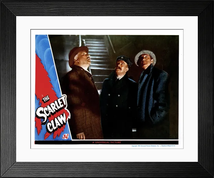 Framed Print : THE SCARLET CLAW, (aka SHERLOCK HOLMES AND THE SCARLET CLAW), from left, Nigel Bruce, David Clyde, Basil Rathbone, 1944