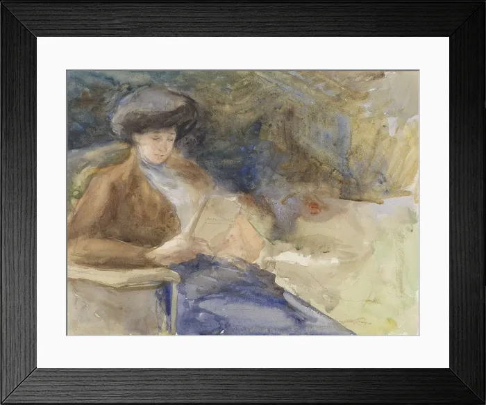Framed Print : Sitting Woman Reading, by Bramine Hubrecht, 1865-1913, Dutch watercolor painting, drawing on paper (BSLOC_2016_2_93)