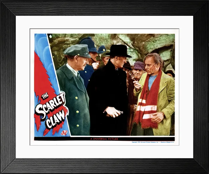 Framed Print : THE SCARLET CLAW, from left, David Clyde, Basil Rathbone, Arthur Hohl, 1944