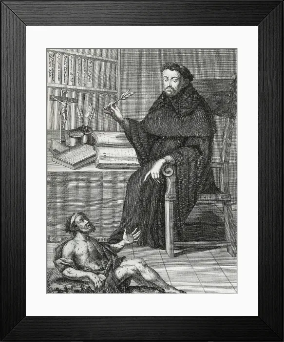 Framed Print : MINGUET, Juan (1737-1784). Fray Luis de Leon. 1779. Fray Luis de Leon gazes at Job who is at his feet. Illustration published in Madrid, at the prinet house of Pedro Marin