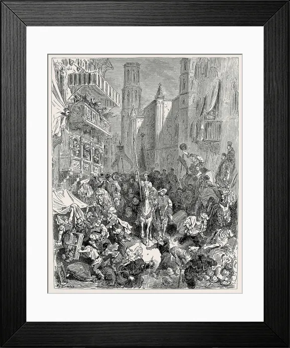 Framed Print : Dore, Gustave (1832-1883). Don Quixote and Sancho, walking through the streets of a city (Barcelona). 1863