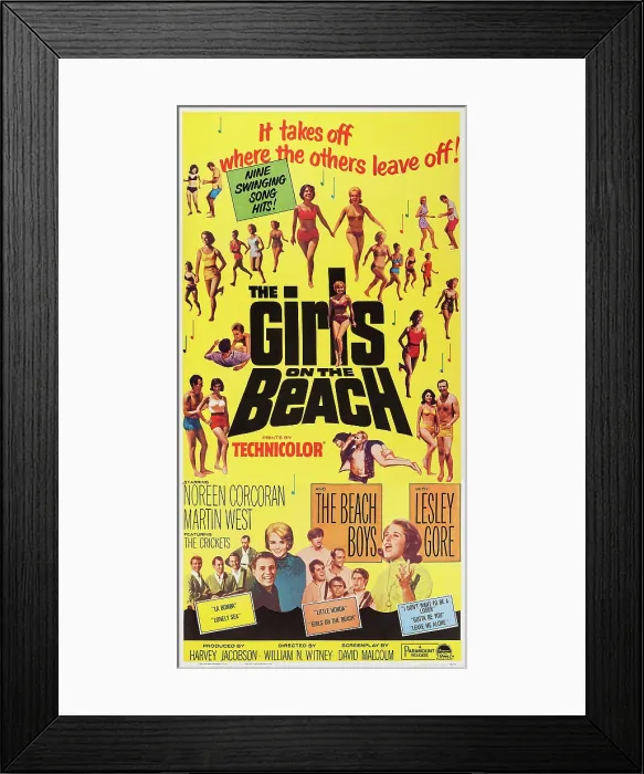 Framed Print : THE GIRLS ON THE BEACH, US poster, bottom from left: The Crickets, Martin West, Noreen Corcoran, The Beach Boys, Lesley Gore, 1965 Framed Print : THE GIRLS ON THE BEACH, US poster, bottom from left: The Crickets, Martin West, Noreen Corcoran, The Beach Boys, Lesley Gore, 1965