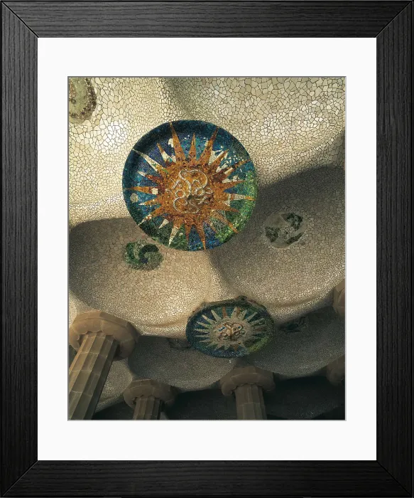 Framed Print : GAUDI i CORNET, Antoni (1852-1926). Park Gell. 1900-1914. SPAIN. Barcelona. Park Gell. Roof of the Sala Hipstila (Colonnade), decorated with mosaic plafonds. Modernism. Mosaic