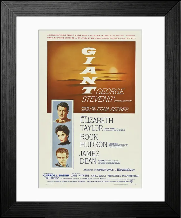 Framed Print : GIANT, US poster, left from top: Rock Hudson, Elizabeth Taylor, James Dean on poster art, 1956