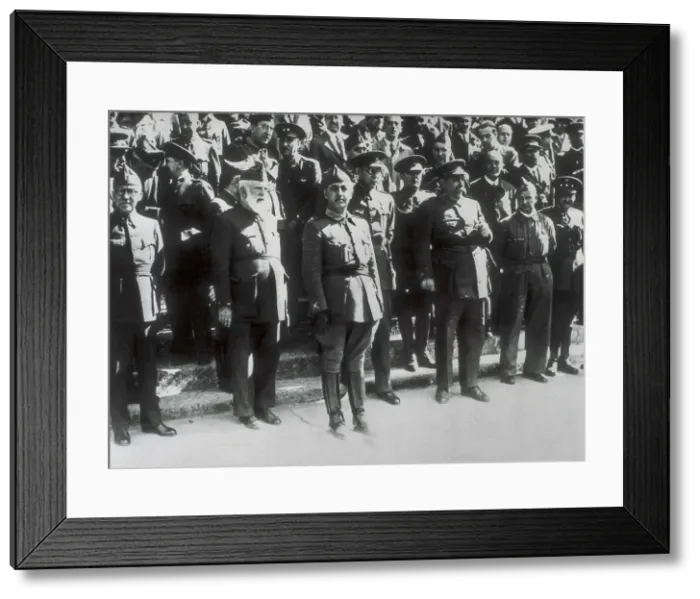 Framed Print : Spanish Civil War. Franco together with the members of the Junta Tcnica del Estado in Burgos, on 11th October 1936, watching a military parade after the transmission of power