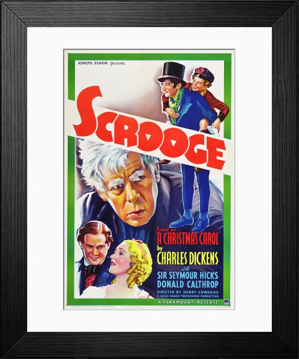Framed Print : SCROOGE, center: Seymour Hicks, bottom l-r: Robert Cochran, Eve Gray, top l-r: Donald Calthrop, Philip Frost on poster art, 1935