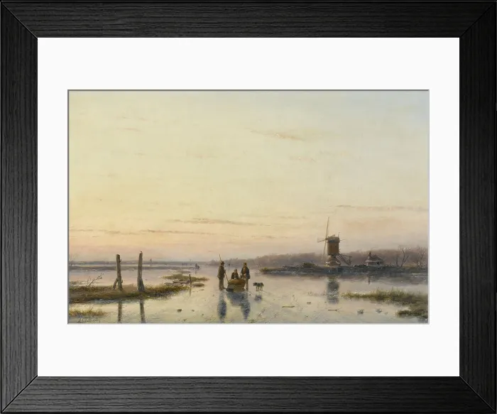 Framed Print : Windmill Beside a Frozen river, by Andreas Schelfhout, 1860-62, Dutch painting, oil on panel. Winter scene on a polder landscape in the low lying land in Netherlands