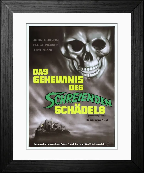 Framed Print : THE SCREAMING SKULL, (aka DAS GEHEIMNIS DES SCHREIENDEN SCHADELS), German poster art, 1958 Framed Print : THE SCREAMING SKULL, (aka DAS GEHEIMNIS DES SCHREIENDEN SCHADELS), German poster art, 1958