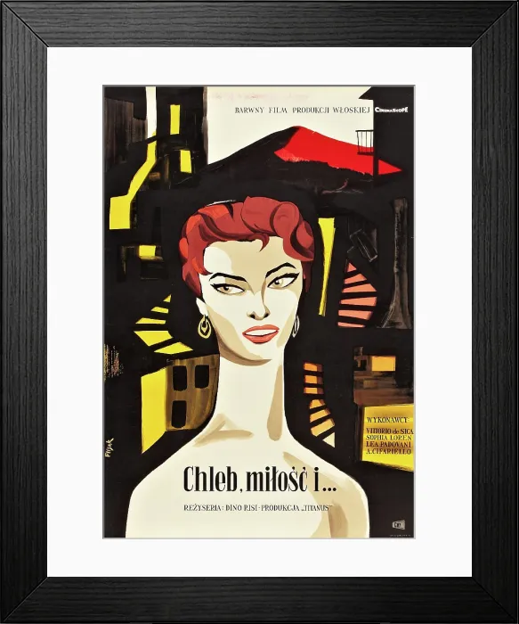Framed Print : SCANDAL IN SORRENTO, (aka PANE, AMORE E... aka CHELB, MILOSC I...), Sophia Loren on Polish poster art, 1955
