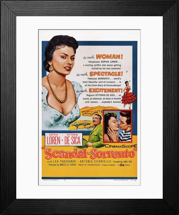 Framed Print : SCANDAL IN SORRENTO, (aka PANE, AMORE E...), US poster art, from left: Sophia Loren, Vittorio De Sica; right inset: Sophia Loren, Antonio Cifariello, 1955