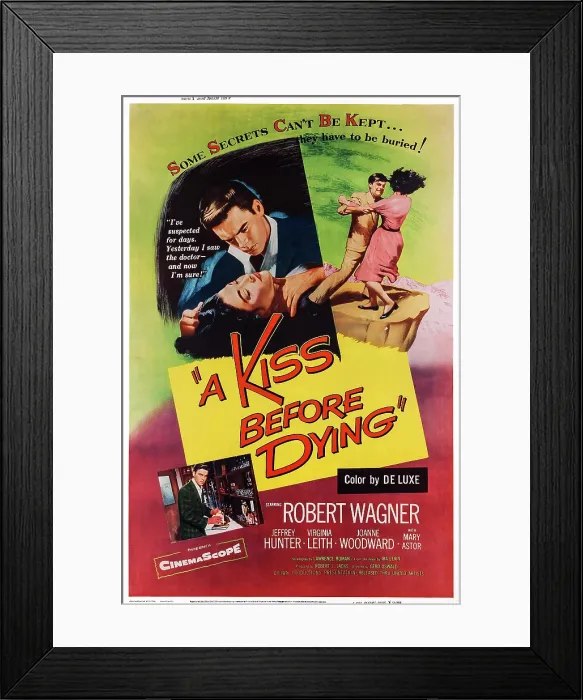 Framed Print : A KISS BEFORE DYING, US poster art, top from left: Virginia Leith, Robert Wagner; bottom left: Robert Wagner, 1956 Framed Print : A KISS BEFORE DYING, US poster art, top from left: Virginia Leith, Robert Wagner; bottom left: Robert Wagner, 1956