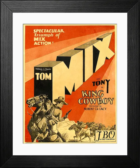 Framed Print : KING COWBOY, lower left, from left to right: Tony the Wonder Horse, Sally Blane, Tom Mix, 1928