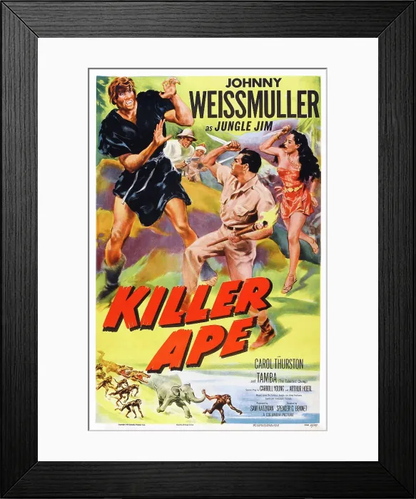 Framed Print : KILLER APE, center: Johnny Weissmuller, right: Carol Thurston on poster art, 1953